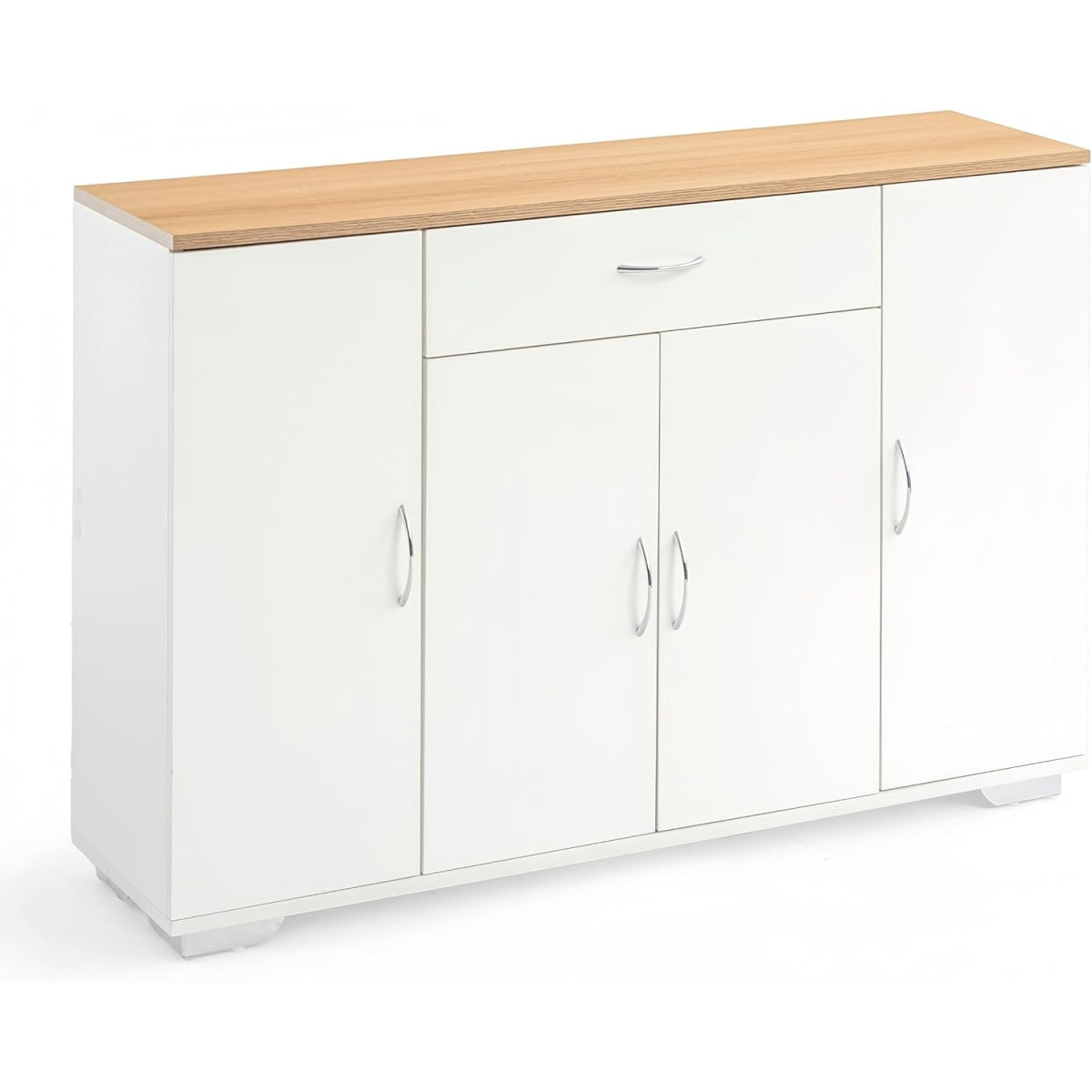 Meuble multifonction avec etageres reglables, rangement chaussures ou cuisine, finition naturelle et blanche 110 x 30 x 70 cm
