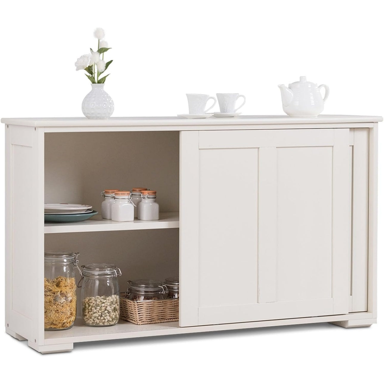 Meuble bas blanc avec porte coulissante et deux etageres, rangement polyvalent pour cuisine salon ou salle a manger