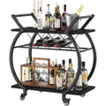 Chariot bar roulant en metal avec rangement bouteilles, finition chene et noir pour cuisine ou espace repas