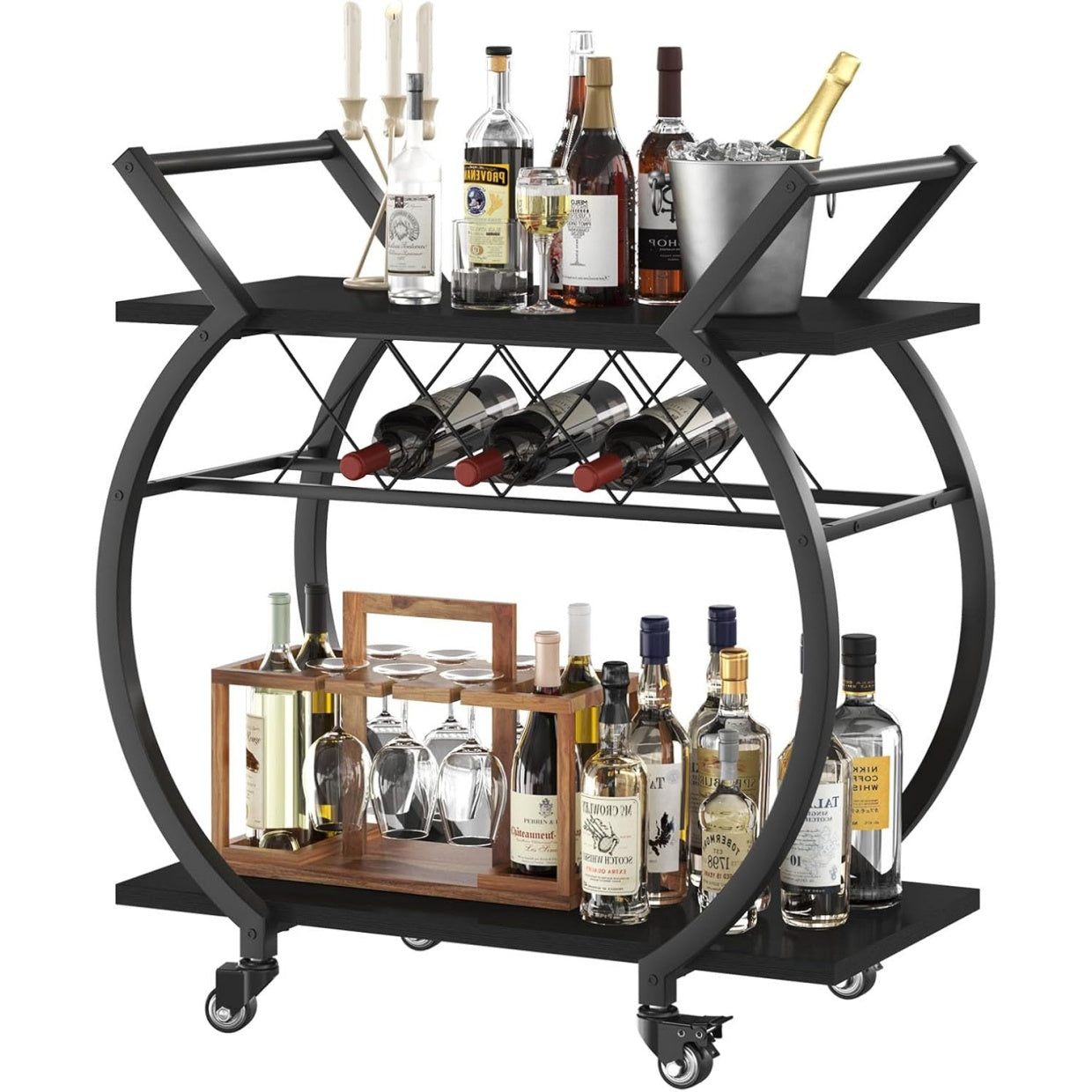 Chariot bar roulant en metal avec rangement bouteilles, finition chene et noir pour cuisine ou espace repas