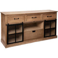 Bahut noir en bois et metal 160 cm avec quatre tiroirs et deux portes vitrees coulissantes, meuble elegant pour interieur moderne