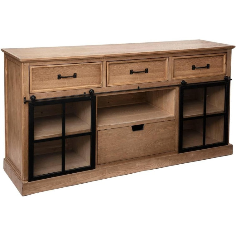 Bahut noir en bois et metal 160 cm avec quatre tiroirs et deux portes vitrees coulissantes, meuble elegant pour interieur moderne