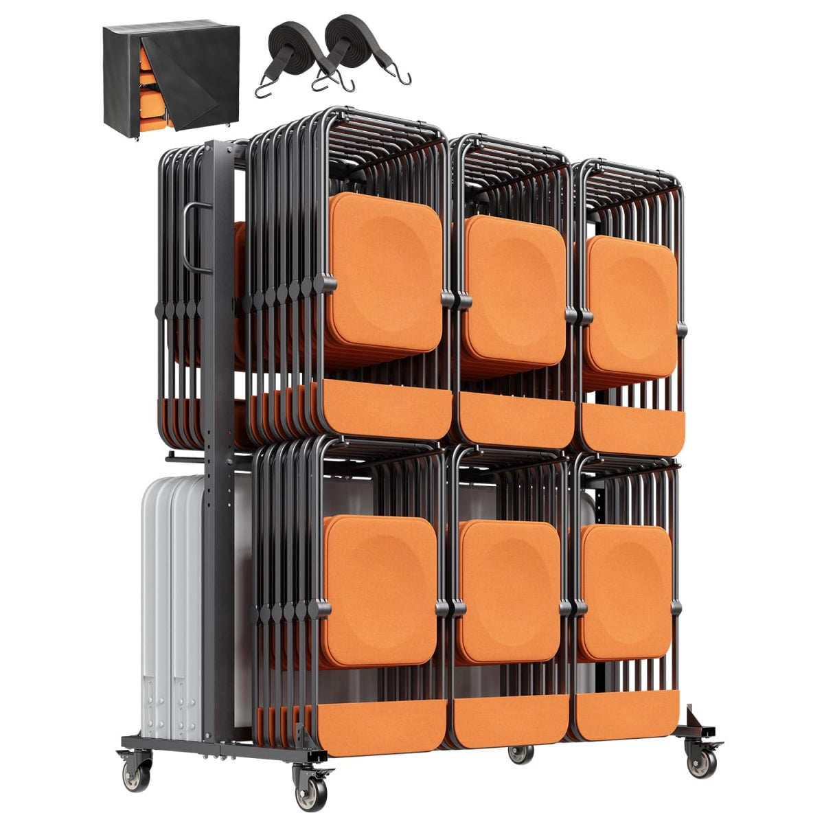 Chariot double plateau pour stockage de chaises pliantes avec roues pivotantes a 360 degres, capacite jusqu'a 84 chaises pour espaces collectifs