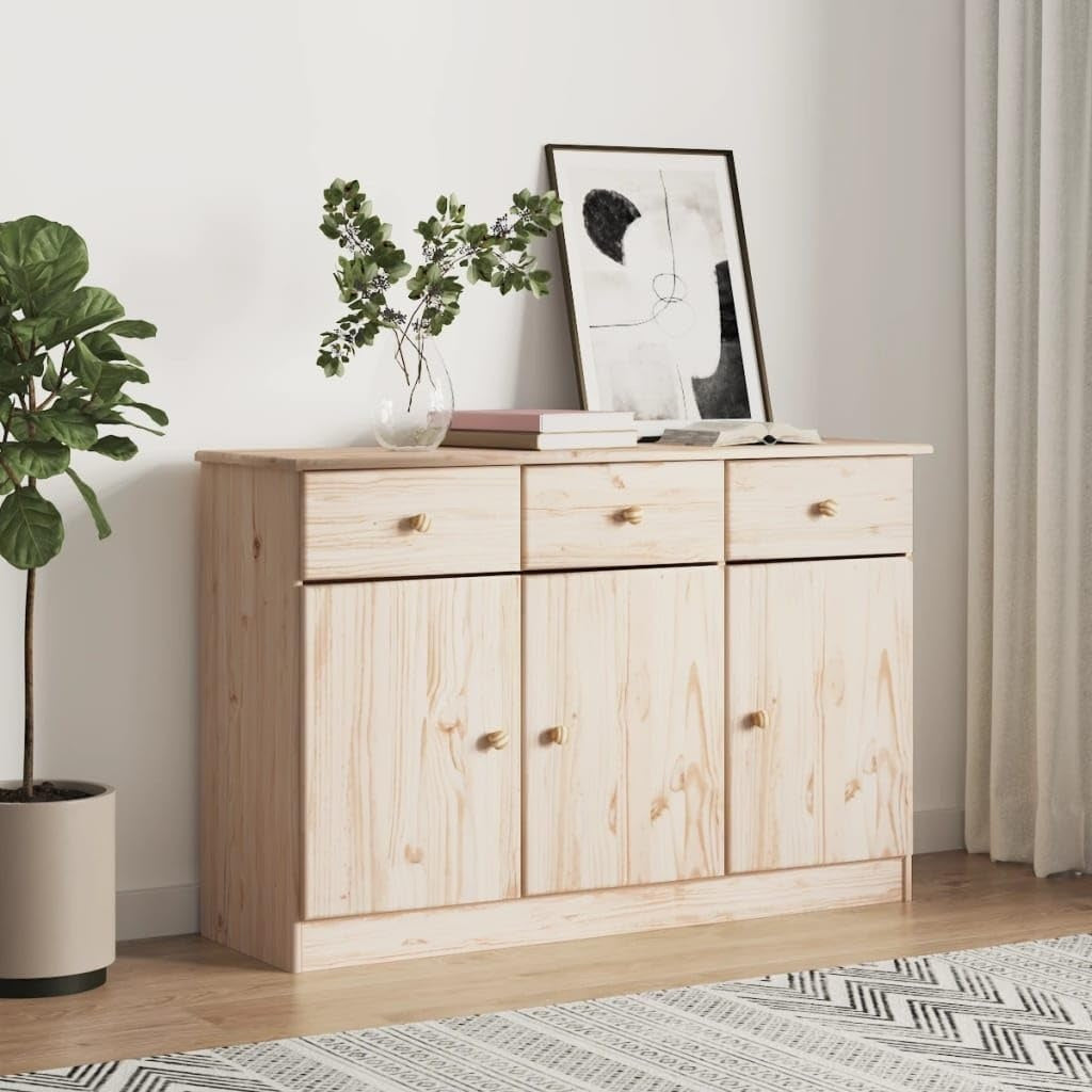 Console de rangement en pin massif naturel 112 x 35 x 73 cm avec grande capacite, meuble polyvalent pour cuisine salle a manger et salon