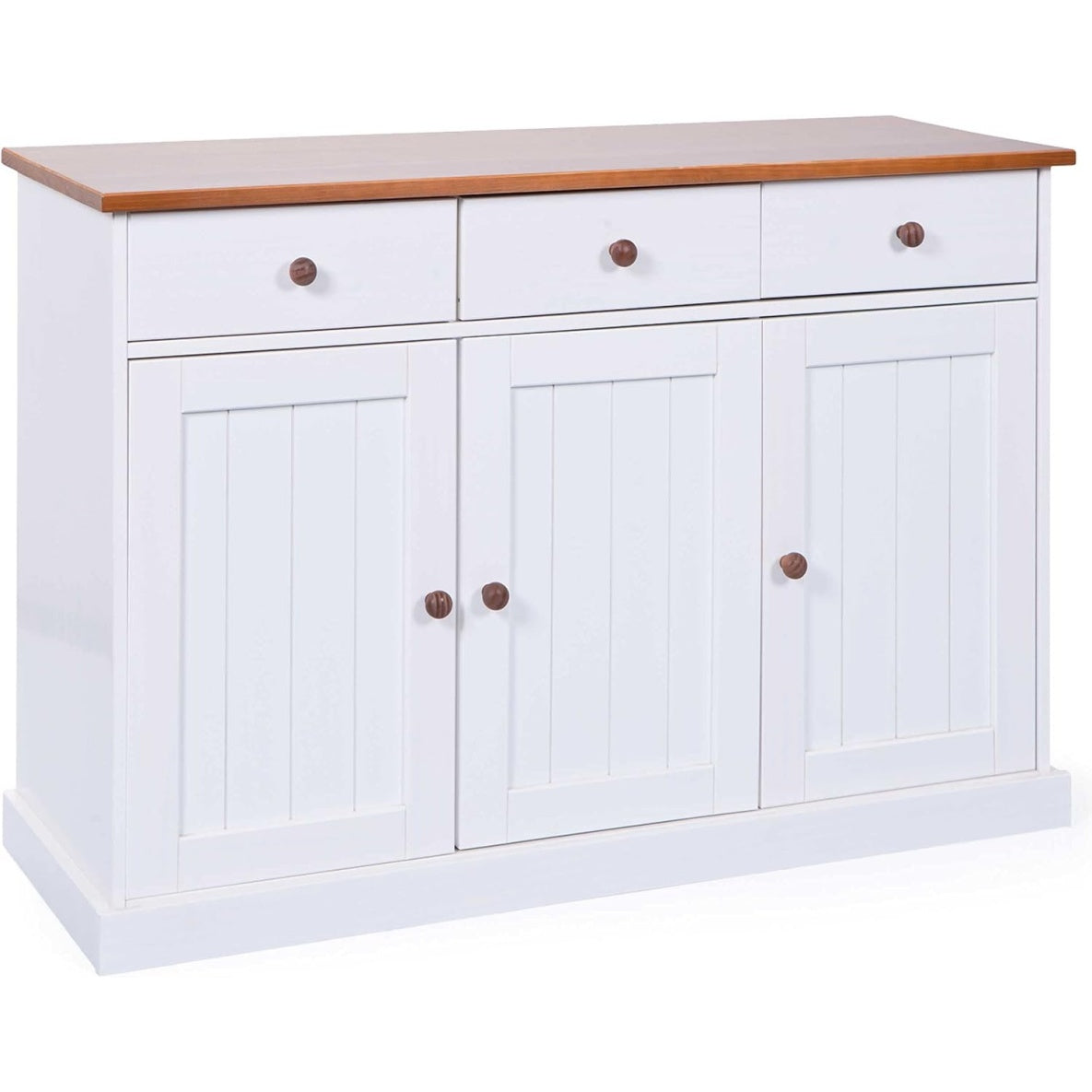 Buffet rustique en pin massif avec 3 portes et 3 tiroirs, finition blanc marron pour rangement maison