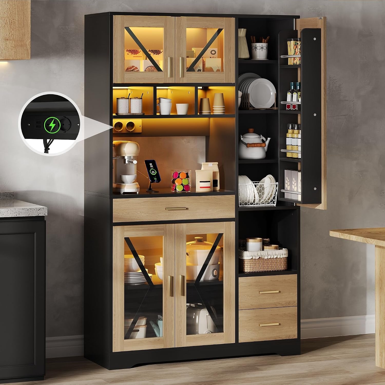 Buffet haut 185 x 105 x 40 cm avec LED multicolore, prises integrees, tiroir et etageres reglables, finition noir et bois naturel