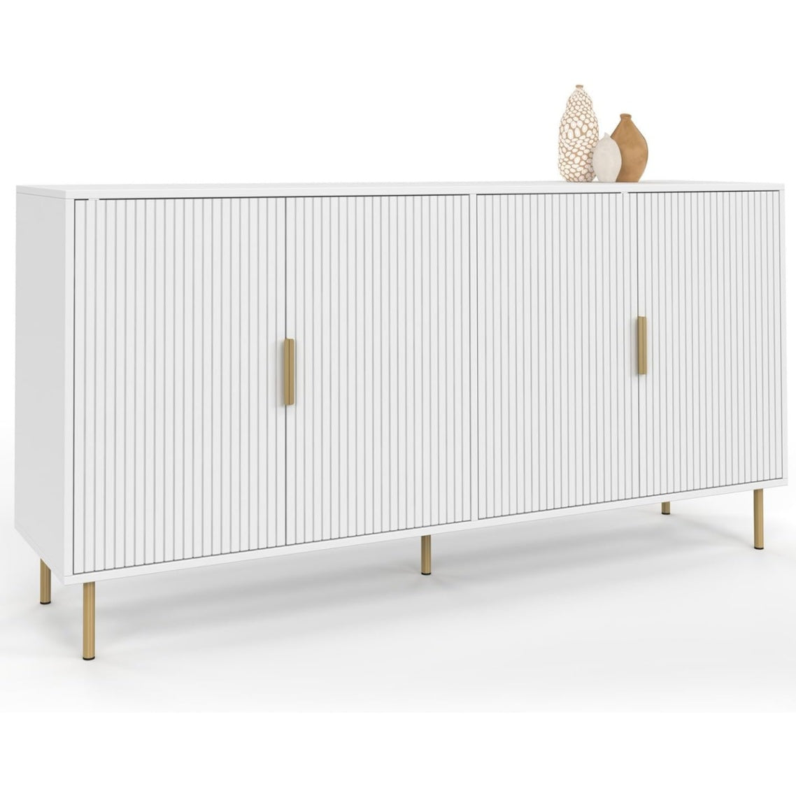 Buffet 160 cm avec quatre portes, facade effet lattes et details dores, meuble blanc elegant pour interieur moderne