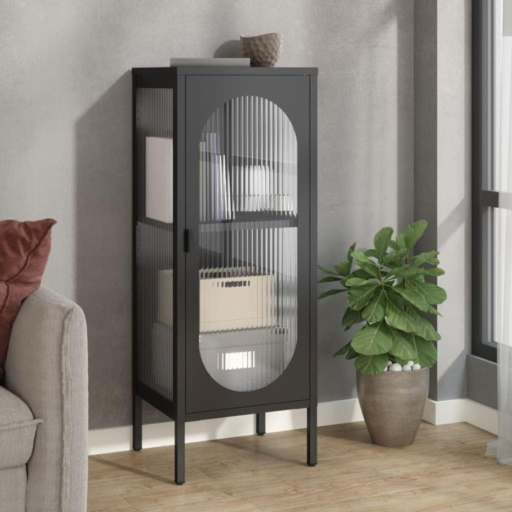 Meuble de rangement noir en acier peint et verre ondule 40 x 35 x 105 cm avec etagere et pieds reglables, style moderne pour cuisine et salon