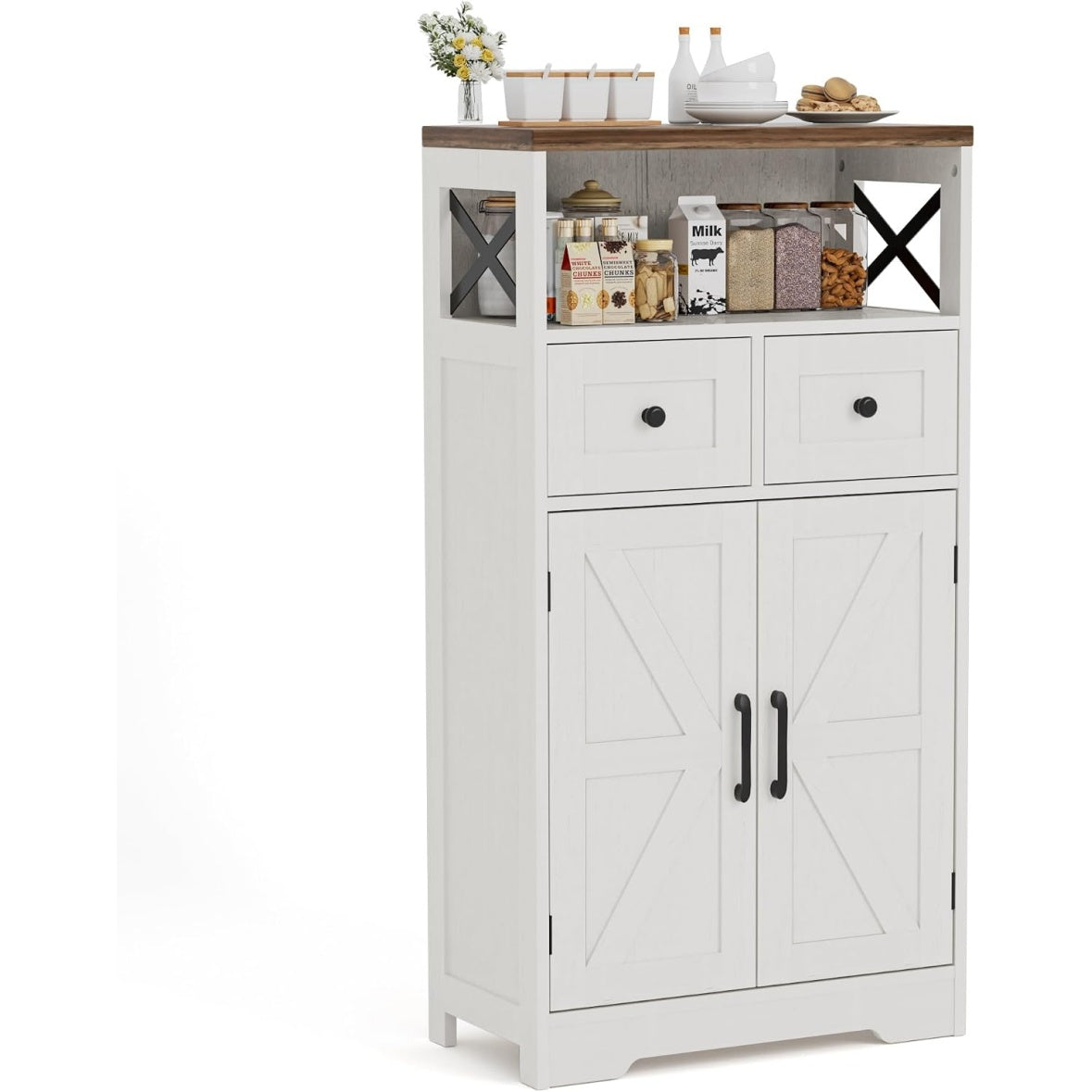 Buffet blanc avec porte et etagere reglable, deux tiroirs integres, meuble de rangement polyvalent pour cuisine et salon