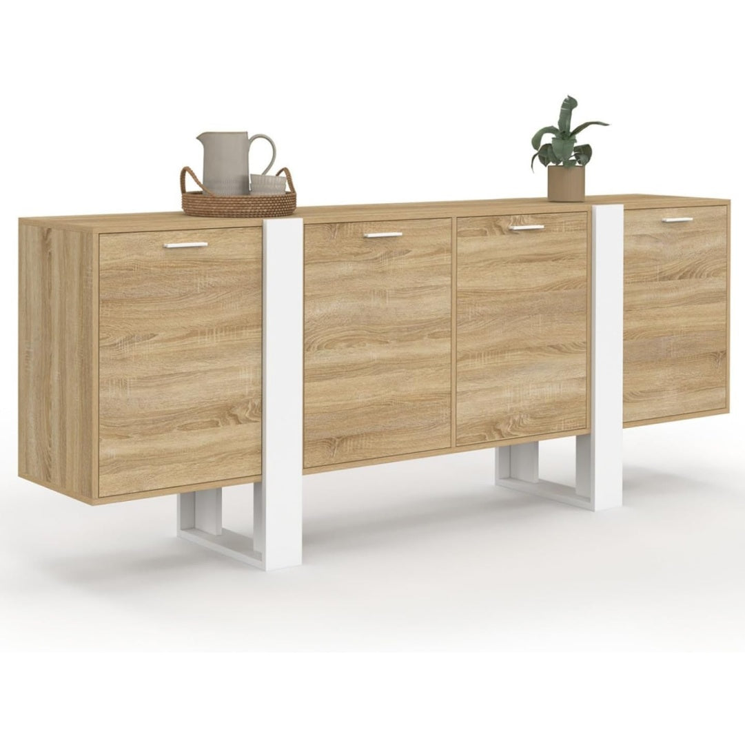 Grand buffet enfilade 200 cm avec quatre portes, combinaison bois et blanc, rangement spacieux pour interieur