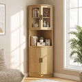 Armoire d'angle naturelle avec portes vitrees, rangement haut et design multifonction