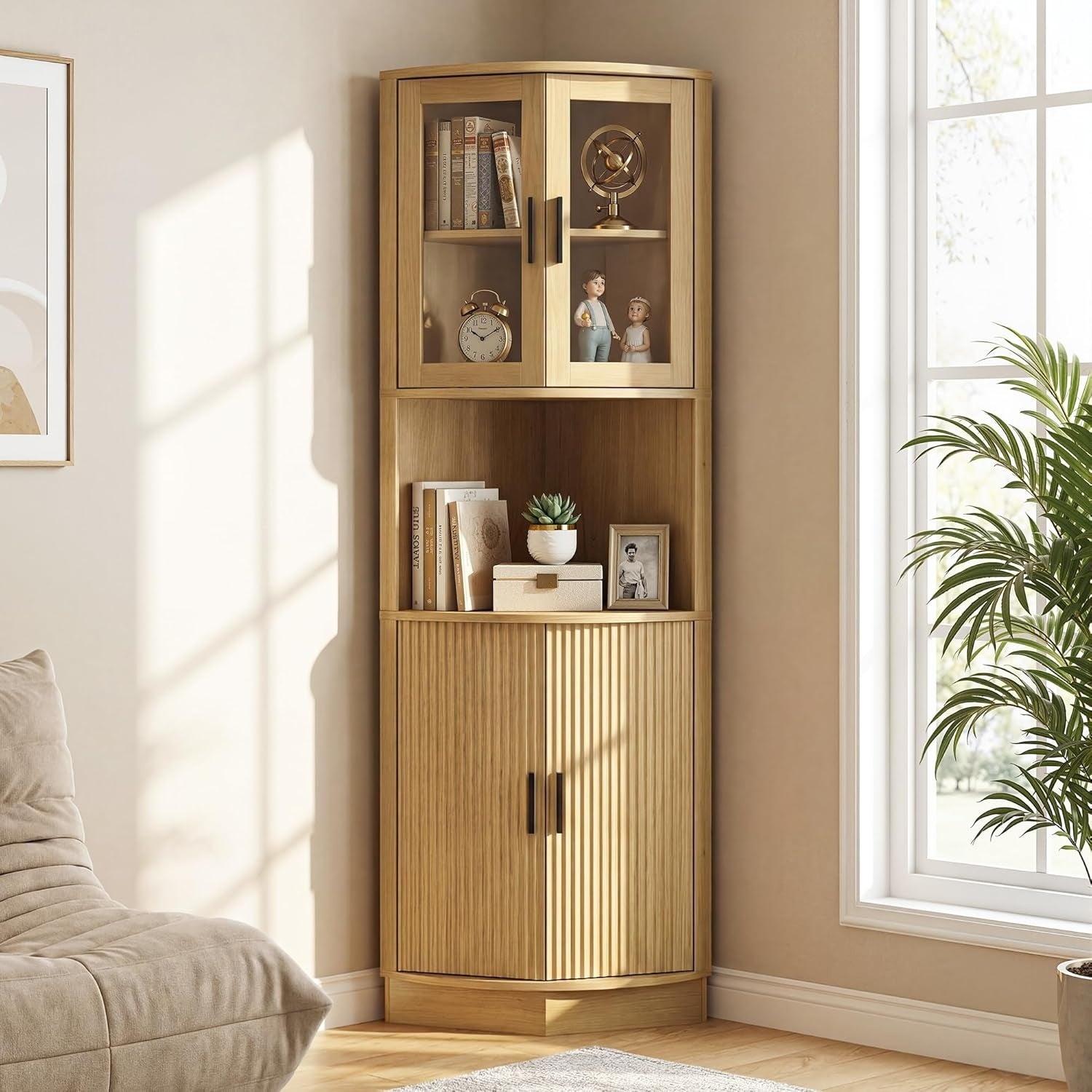 Armoire d'angle naturelle avec portes vitrees, rangement haut et design multifonction