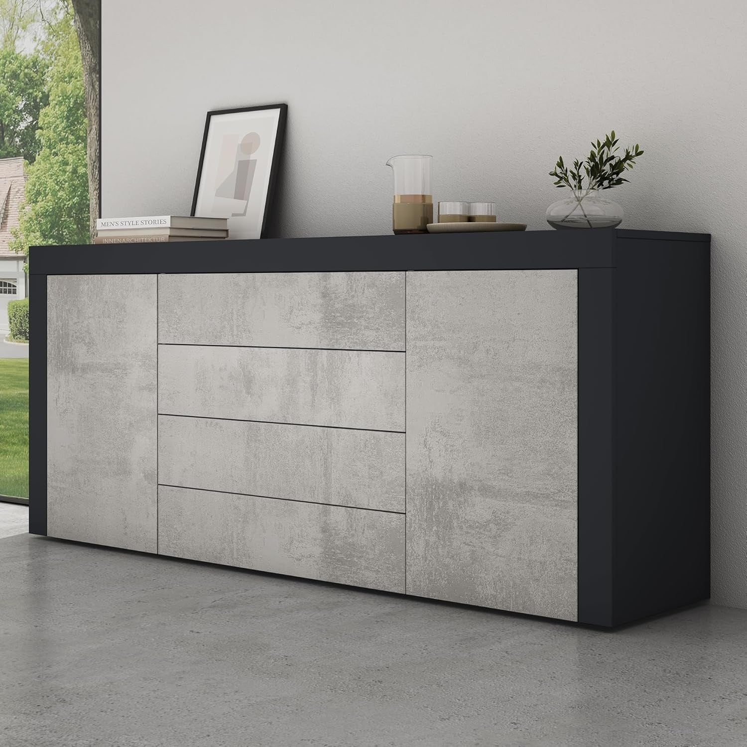 Buffet de rangement 167 cm finition gris noir mat avec effet beton, meuble contemporain pour salon et salle a manger