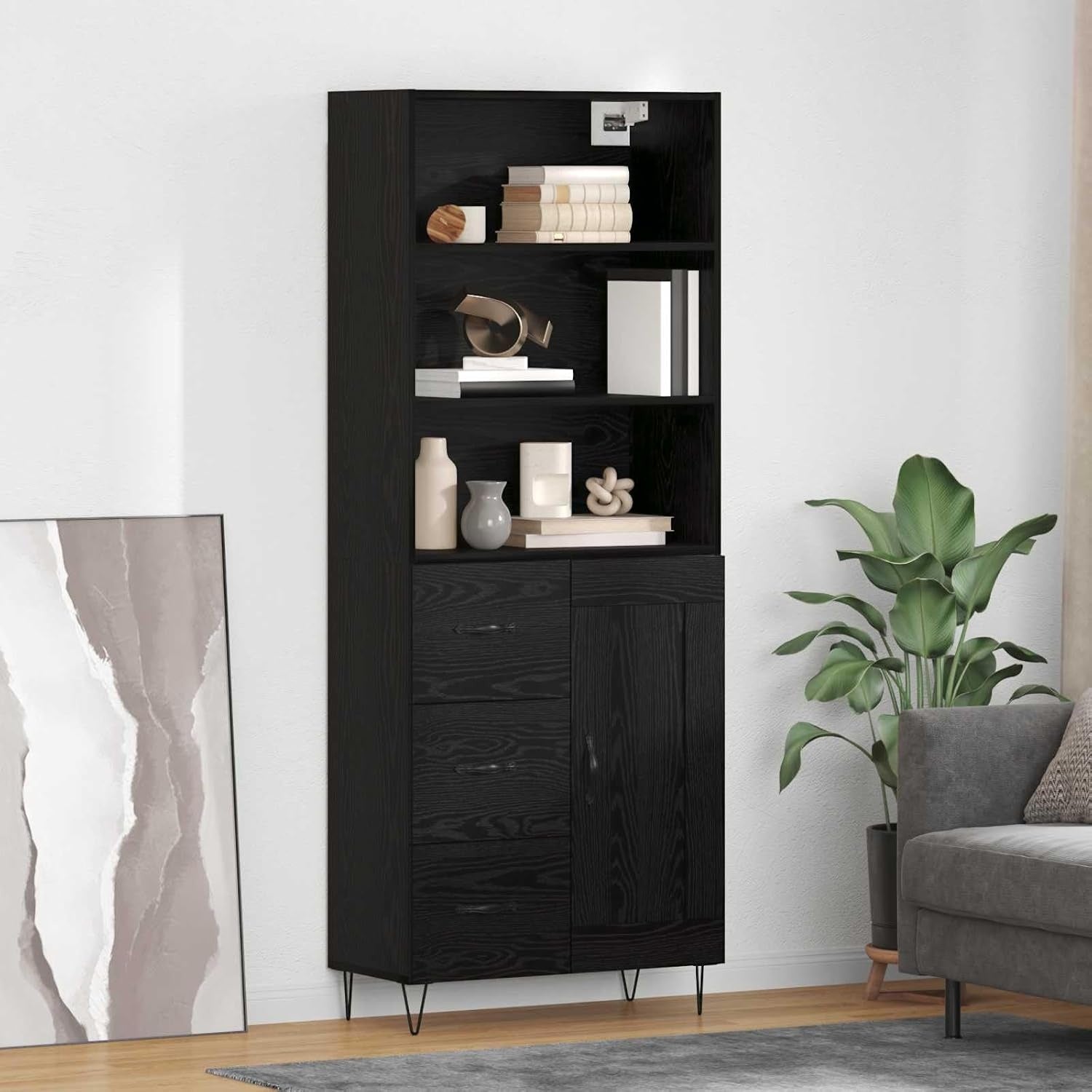 Meuble haut noir effet chene 180 cm avec trois tiroirs et une porte, rangement moderne pour cuisine ou salon