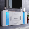 Meuble TV blanc avec eclairage LED, trois tiroirs et deux portes, rangement moderne pour salon chambre ou couloir