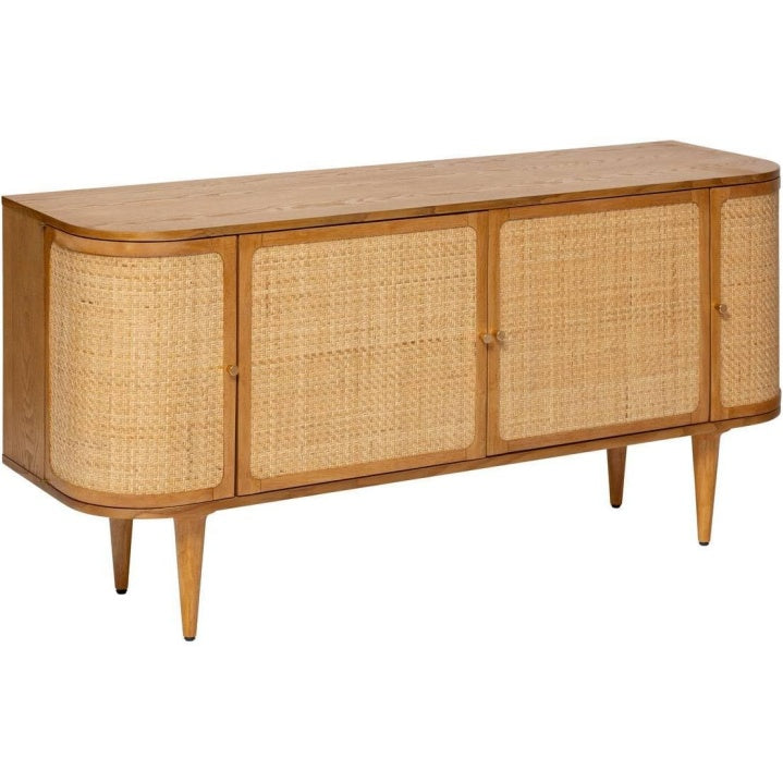 Buffet en bois et cannage rotin 150 cm avec quatre portes, meuble naturel et elegant pour salon et salle a manger