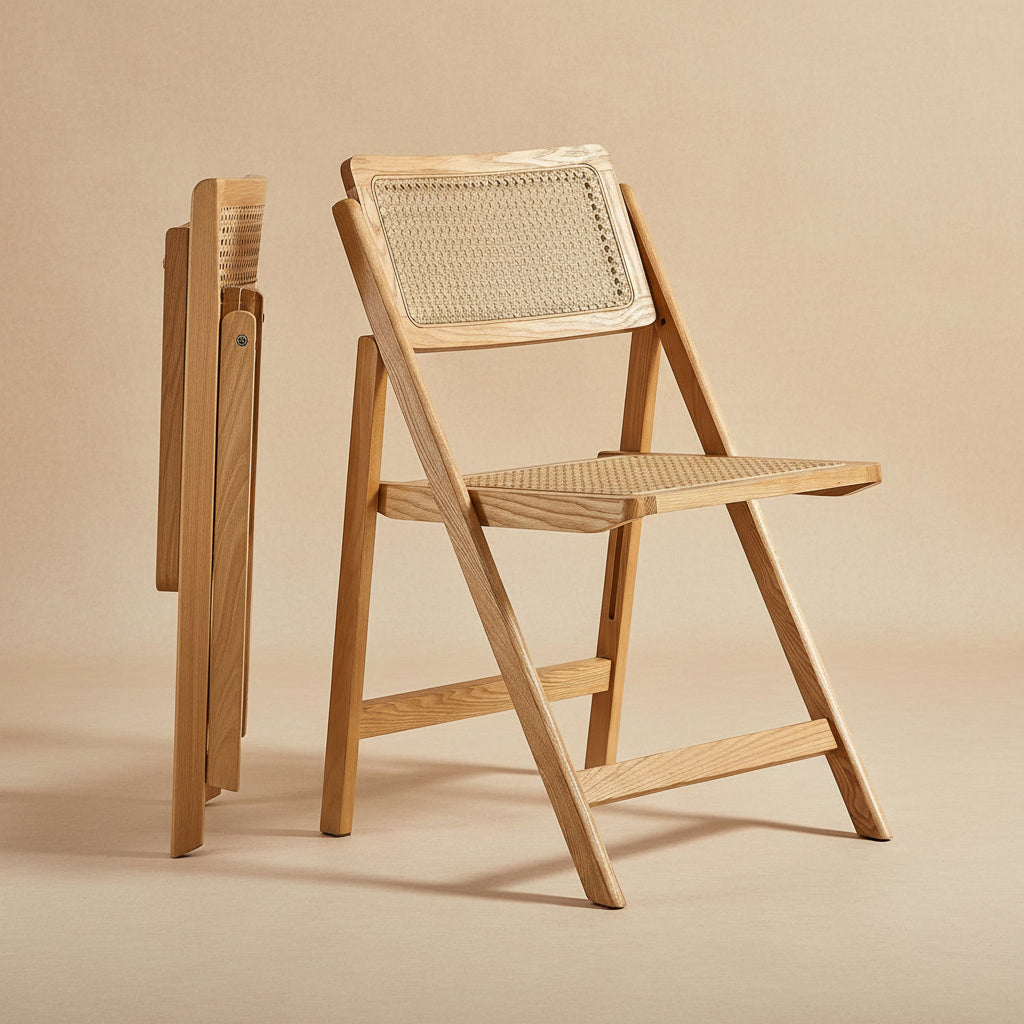 Chaise pliante en bois naturel avec assise en rotin tresse style viennois, pratique pour salle a manger ou interieur compact