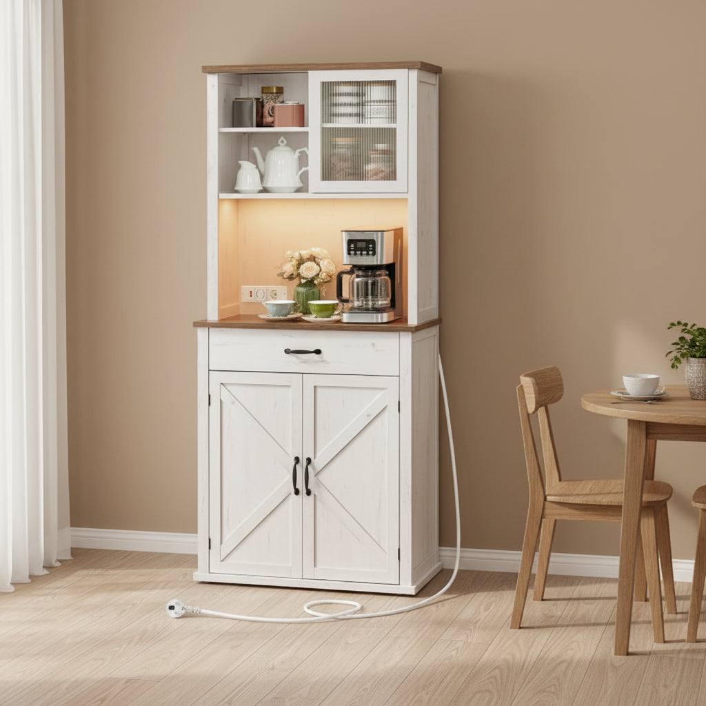 Armoire cuisine haute blanc rustique avec lumiere integree, chargeur, portes et tiroirs