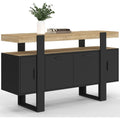 Bahut noir 140 cm avec quatre portes et plateau bois, meuble de rangement moderne pour salle a manger