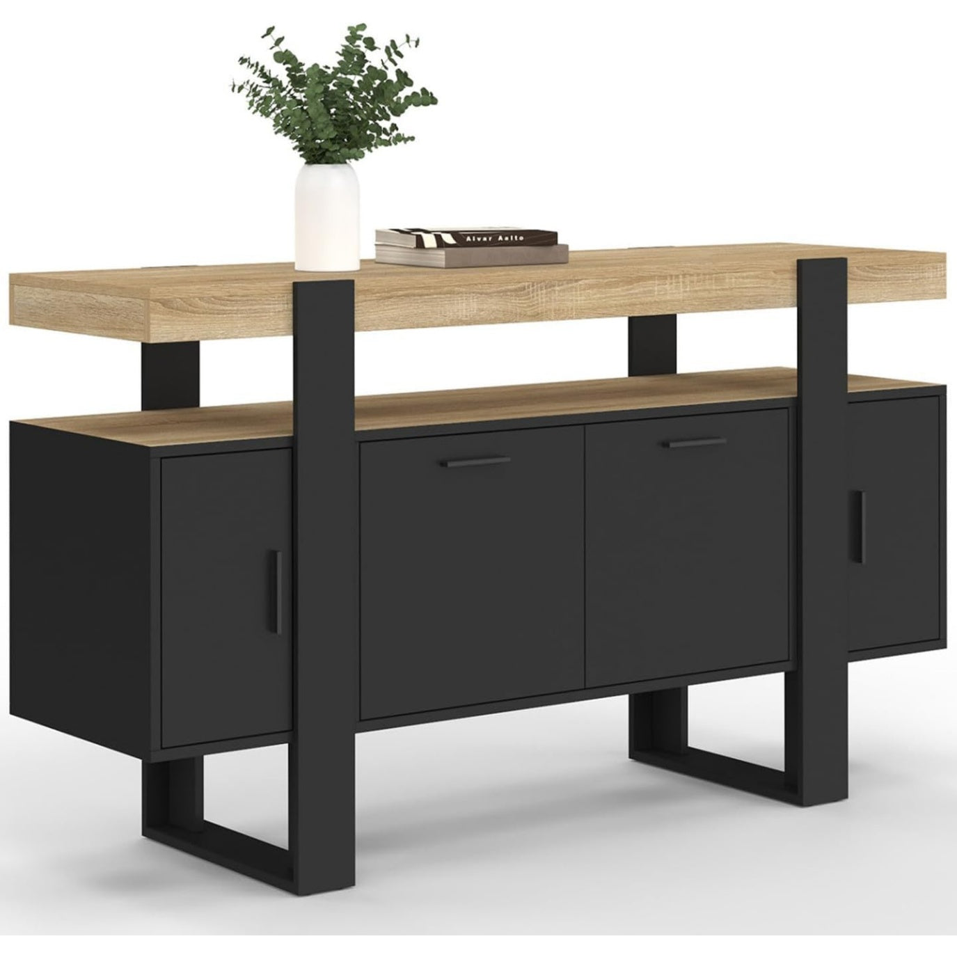 Bahut noir 140 cm avec quatre portes et plateau bois, meuble de rangement moderne pour salle a manger